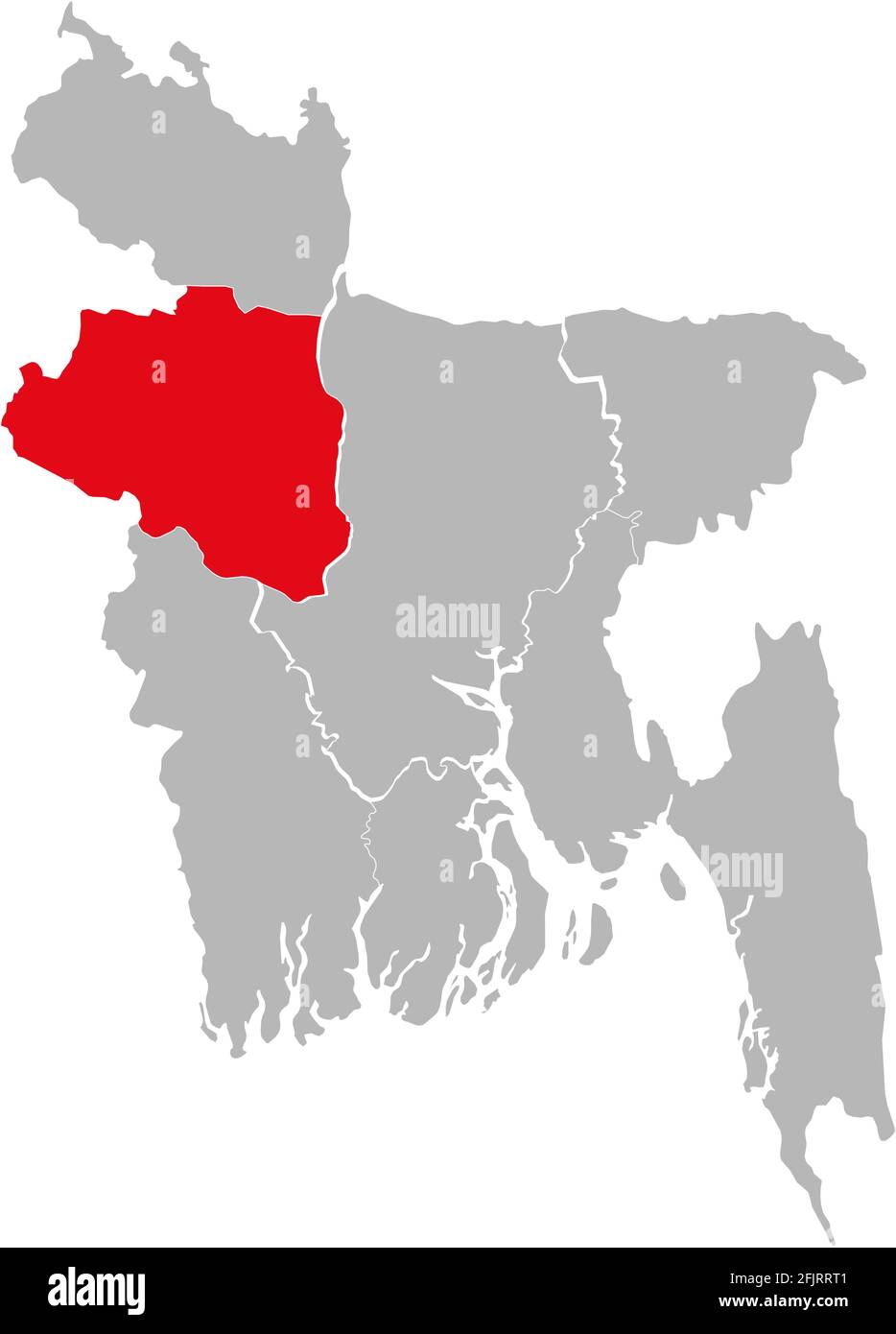 Rajshahi province highlighted on Bangladesh map. Gray background. Stock Vector