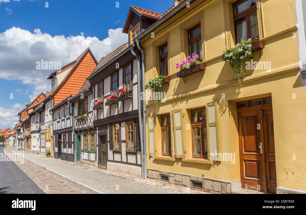 Street with historic houses in the center of Quedlinburg, Germany Stock