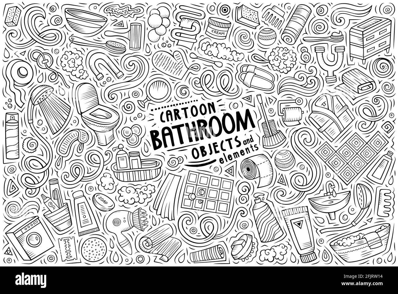Line art vector hand drawn doodle cartoon set of Bathroom theme items, objects and symbols Stock Vector
