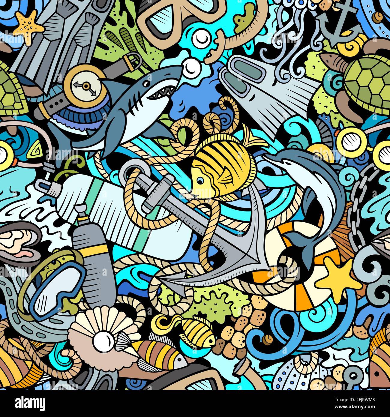 Cartoon doodles Diving seamless pattern. Backdrop with snorkeling ...