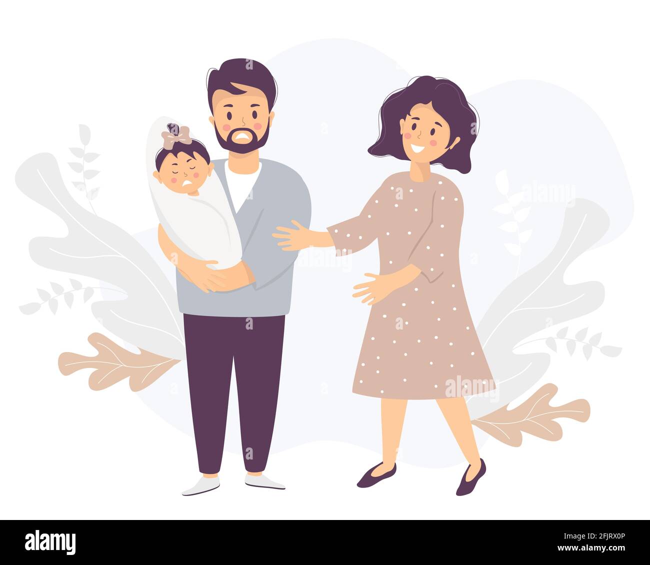 Family life and emotions concept. A sad man holds a crying baby in his arms. Nearby, a woman smiles and comforts. Vector illustration. Family with Stock Vector