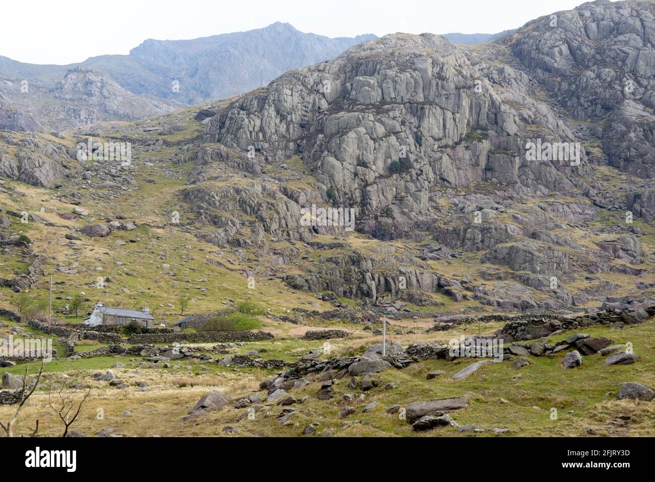 Fallen rocks, on foothills of Snowdon, on Llanberis Pass, Wales Stock ...