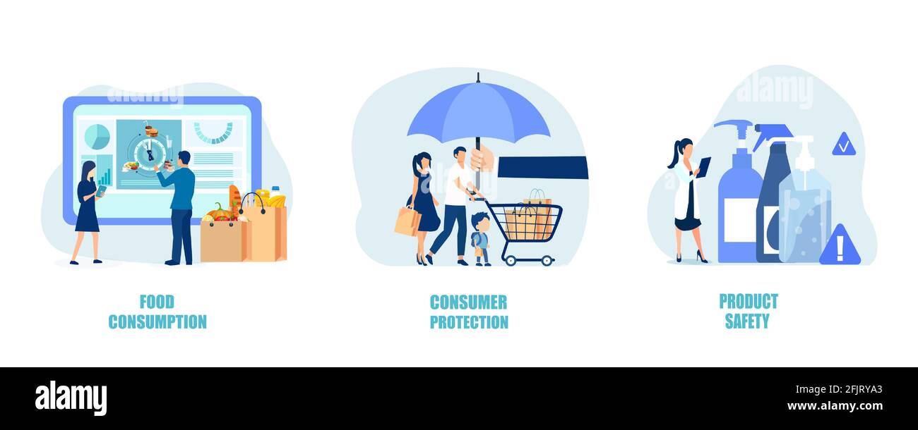 Consumer protection, product safety, and buyers rights concept. Vector of shoppers being protected shopping safely Stock Vector