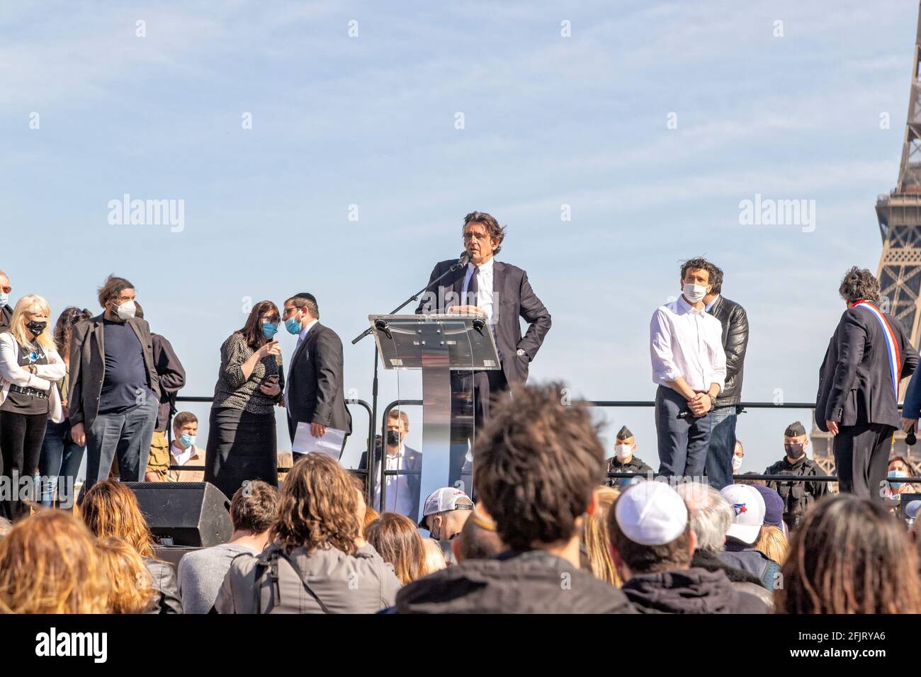 Paris, France. 25th Apr, 2021. Luc Ferry speaks during the rally demanding justice for Sarah Halimi following the decision of the Court of Cassation. Stock Photo