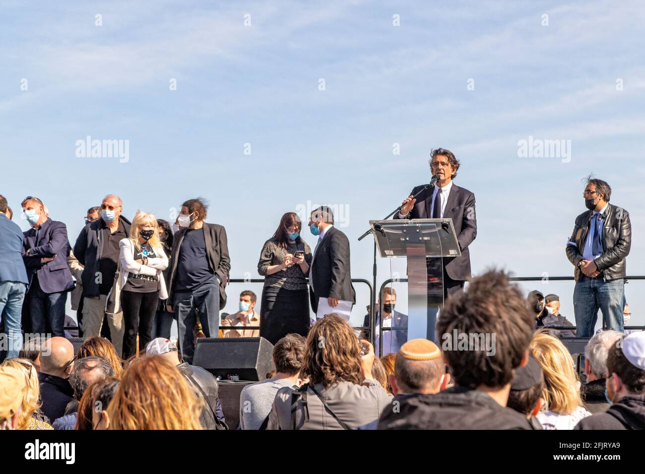 Paris, France. 25th Apr, 2021. Luc Ferry speaks during the rally demanding justice for Sarah Halimi following the decision of the Court of Cassation. Stock Photo