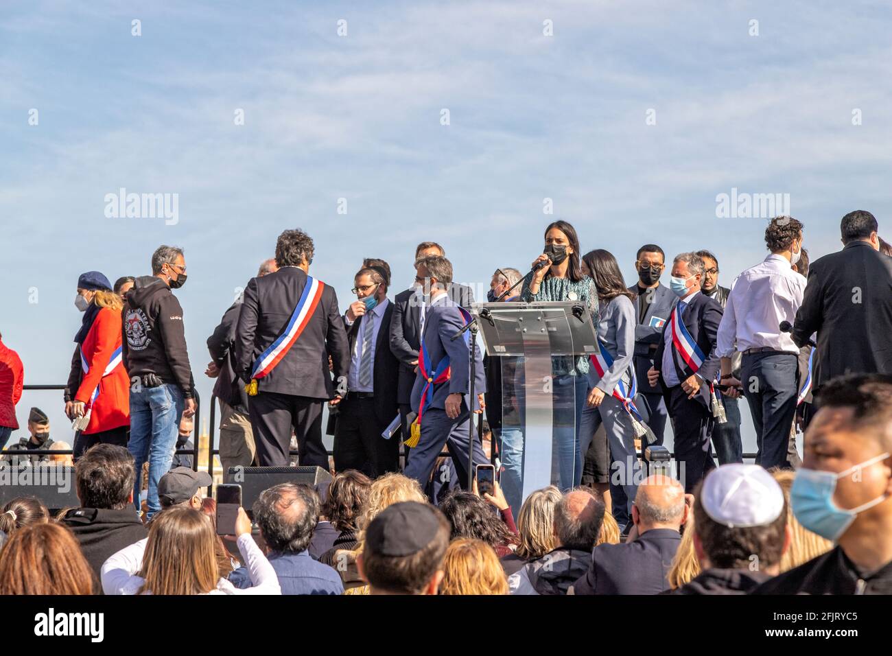 Paris, France. 25th Apr, 2021.Noémie Madar, President of the UEJF speaks during the rally demanding justice for Sarah Halimi. Stock Photo
