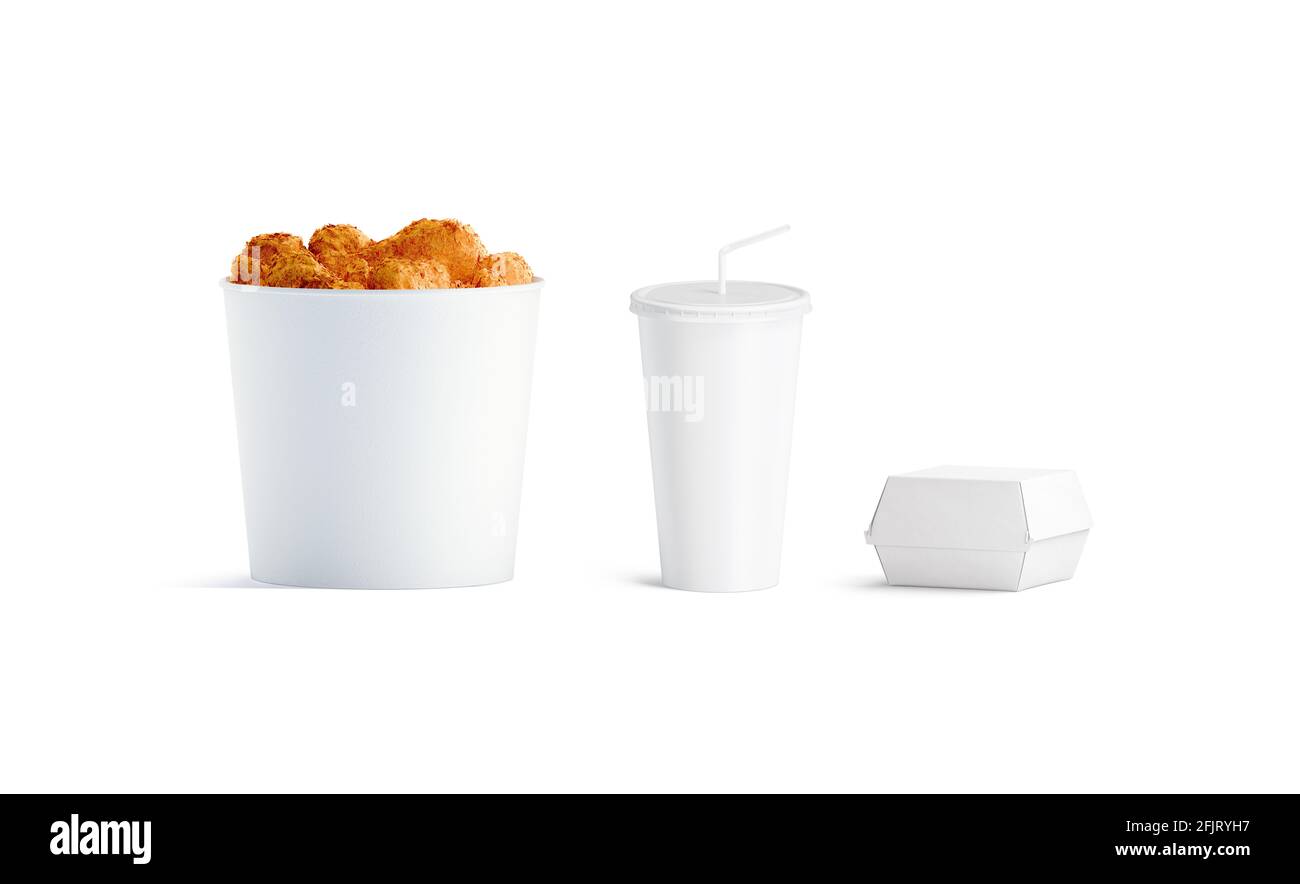 Blank white fast food pack mockup set, front view, 3d rendering. Empty disposable bucket with chicken wings, hamburger and drink mug mock up, isolated Stock Photo