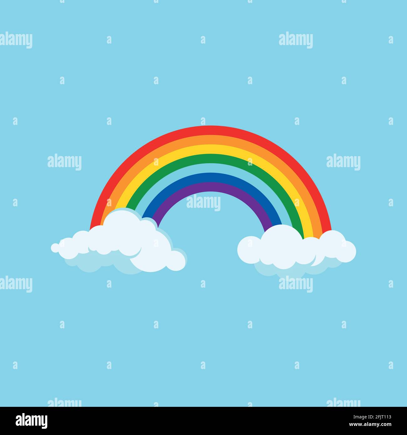 Rainbow and clouds vector icon isolated on blue sky background. Stock Vector