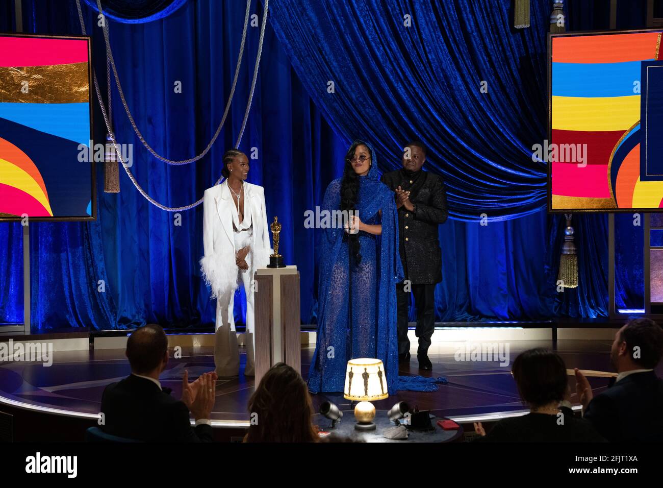 Los Angeles, USA. 25th Apr, 2021. Tiara Thomas, H.E.R. and Dernst Emile, II accept the Oscar® for Original Song during the live ABC Telecast of The 93rd Oscars® at Union Station in Los Angeles, CA on Sunday, April 25, 2021. (Photo courtesy Todd Wawrychuk/A.M.P.A.S. via Credit: Sipa USA/Alamy Live News Stock Photo