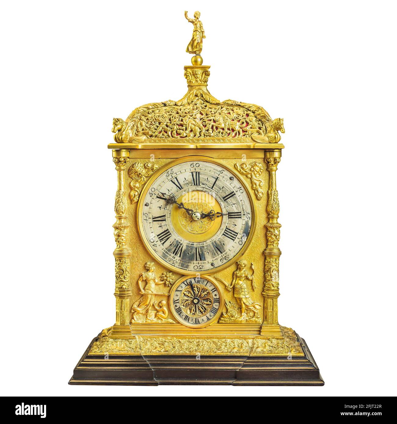 Antique eighteenth century golden table clock with marble foot isolated on a white background Stock Photo