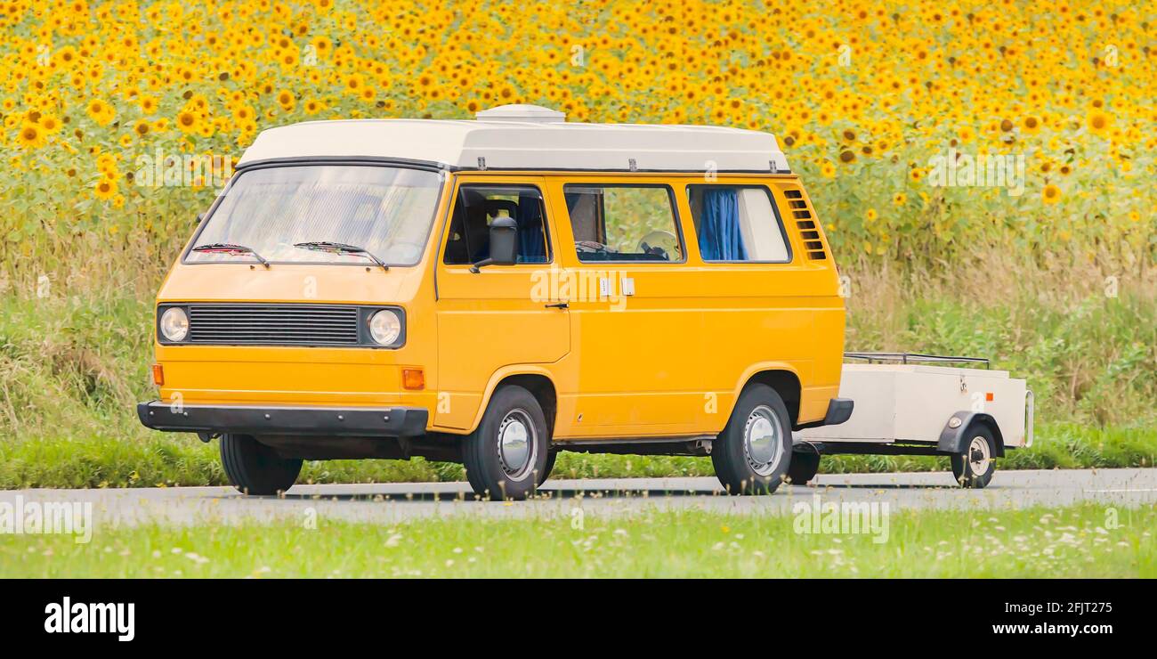 Retro orange camper bus with popup camper driving alongside a field with sunflowers Stock Photo