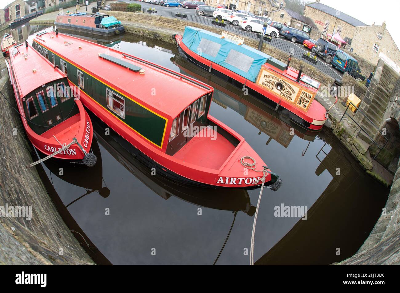 Canal Boats Moored Skipton Basin Yorkshire Dales UK Leeds Liverpool Canal Stock Photo