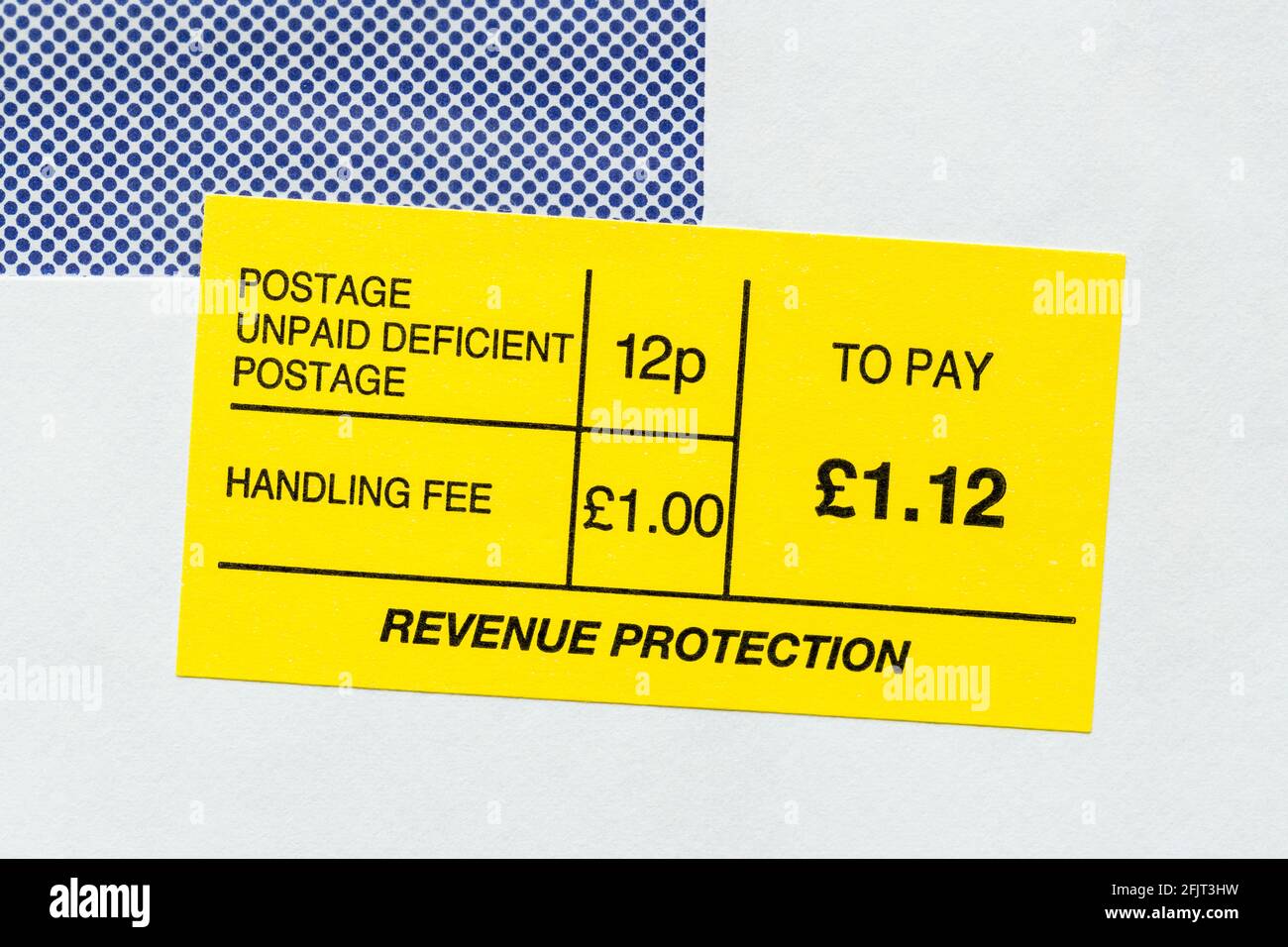 Unpaid postage sticker on a letter, Scotland, UK Stock Photo