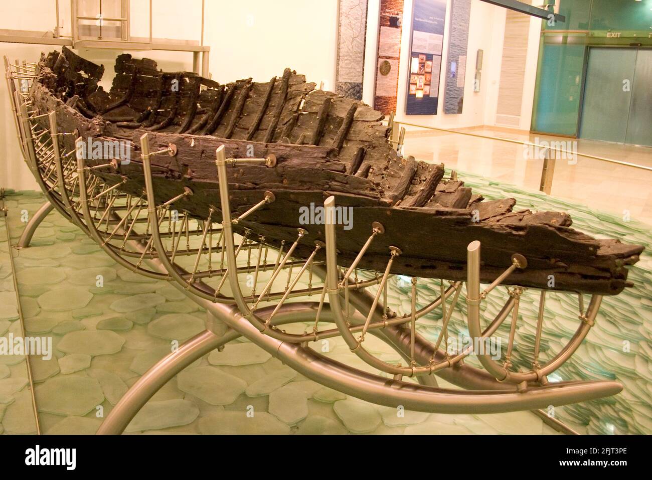 Israel, Sea of Galilee, Jesus’ Boat. Old boat uncovered in the sea of Galilee, from the time of Jesus Christ Now on display at a museum at Kibbutz Gin Stock Photo