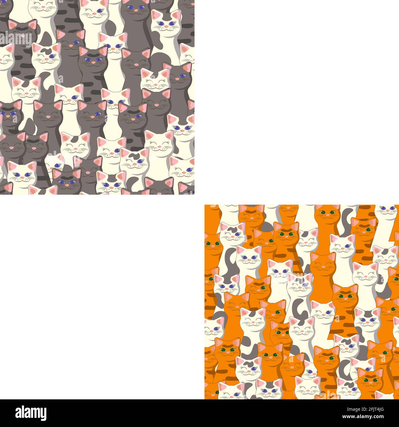 Set of animalistic seamless patterns with white, ginger, gray, stripped, tabby and spotted cats Stock Vector