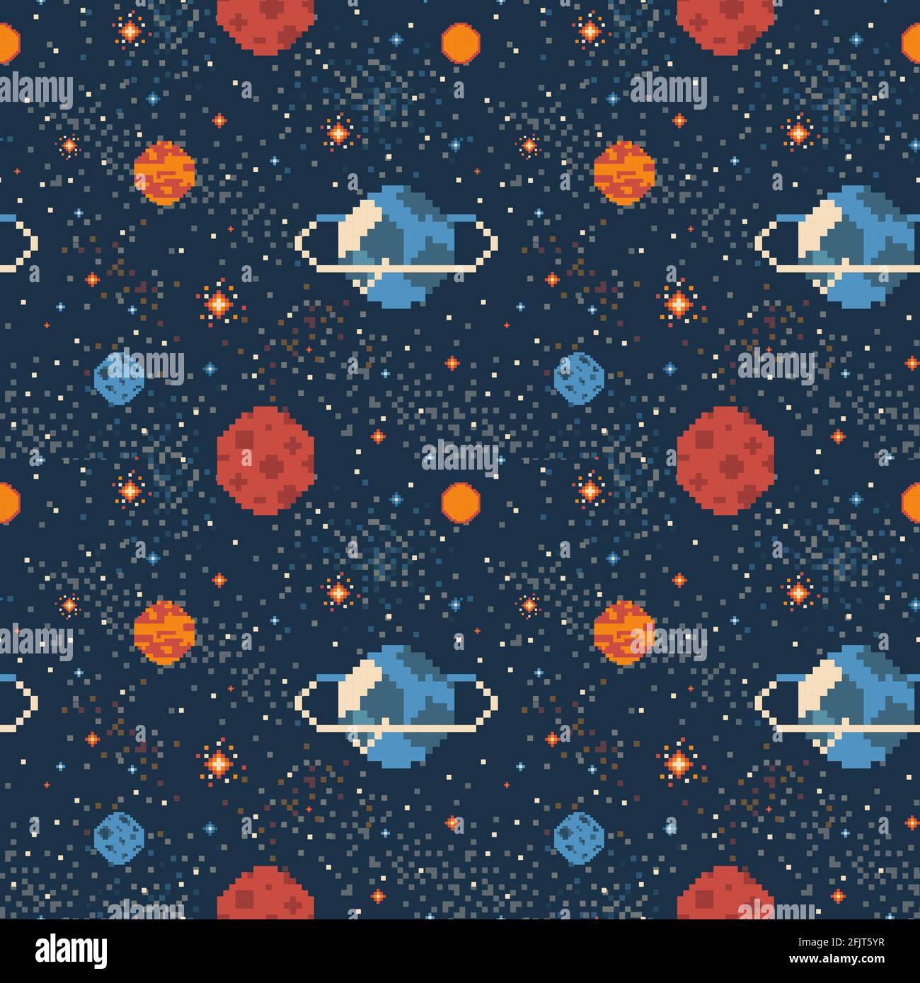 Pixel Art Planets in Space Galaxy Pattern Stock Vector