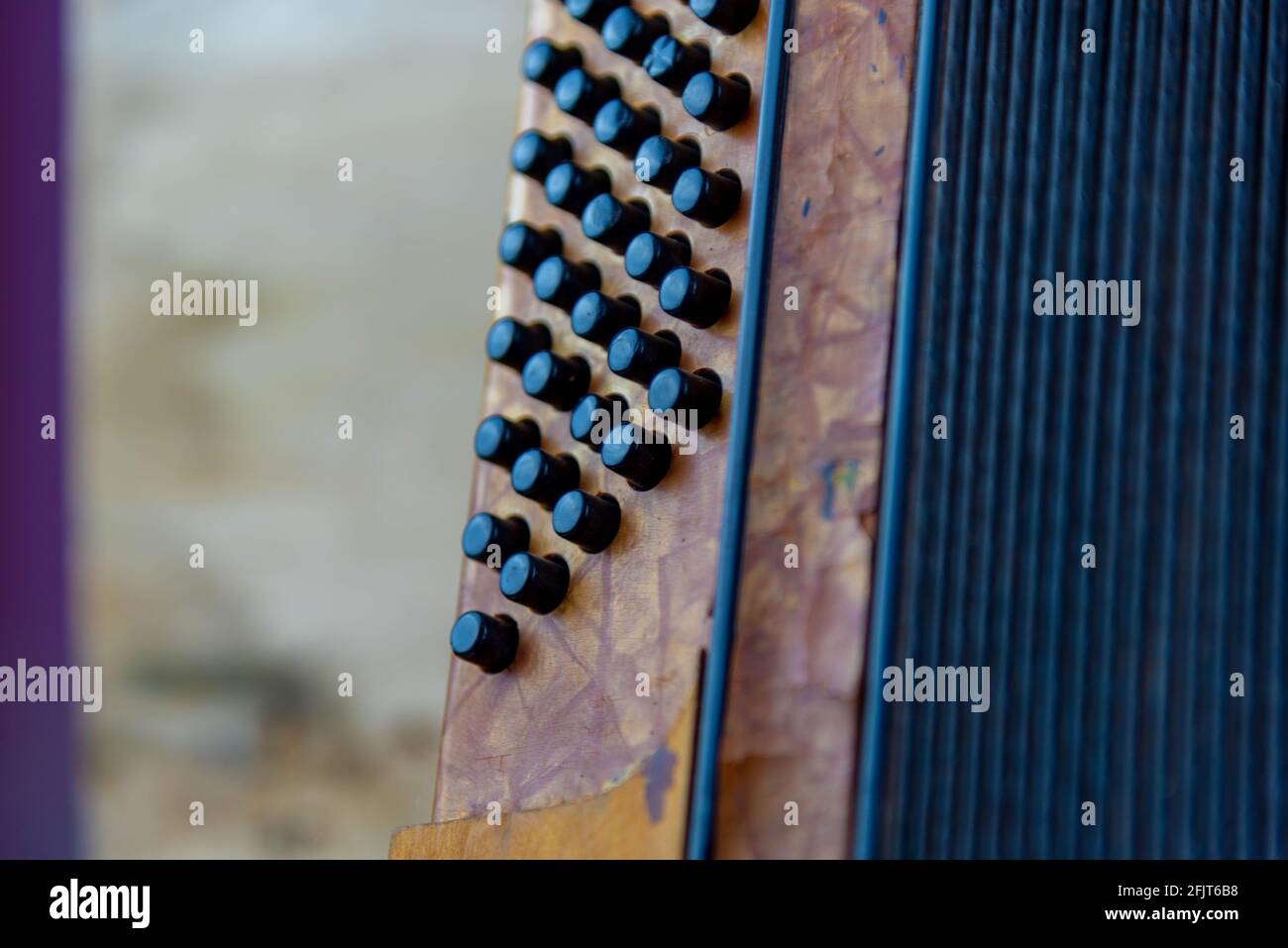 Old accordion double bass mechanism closeup. Musical instrument