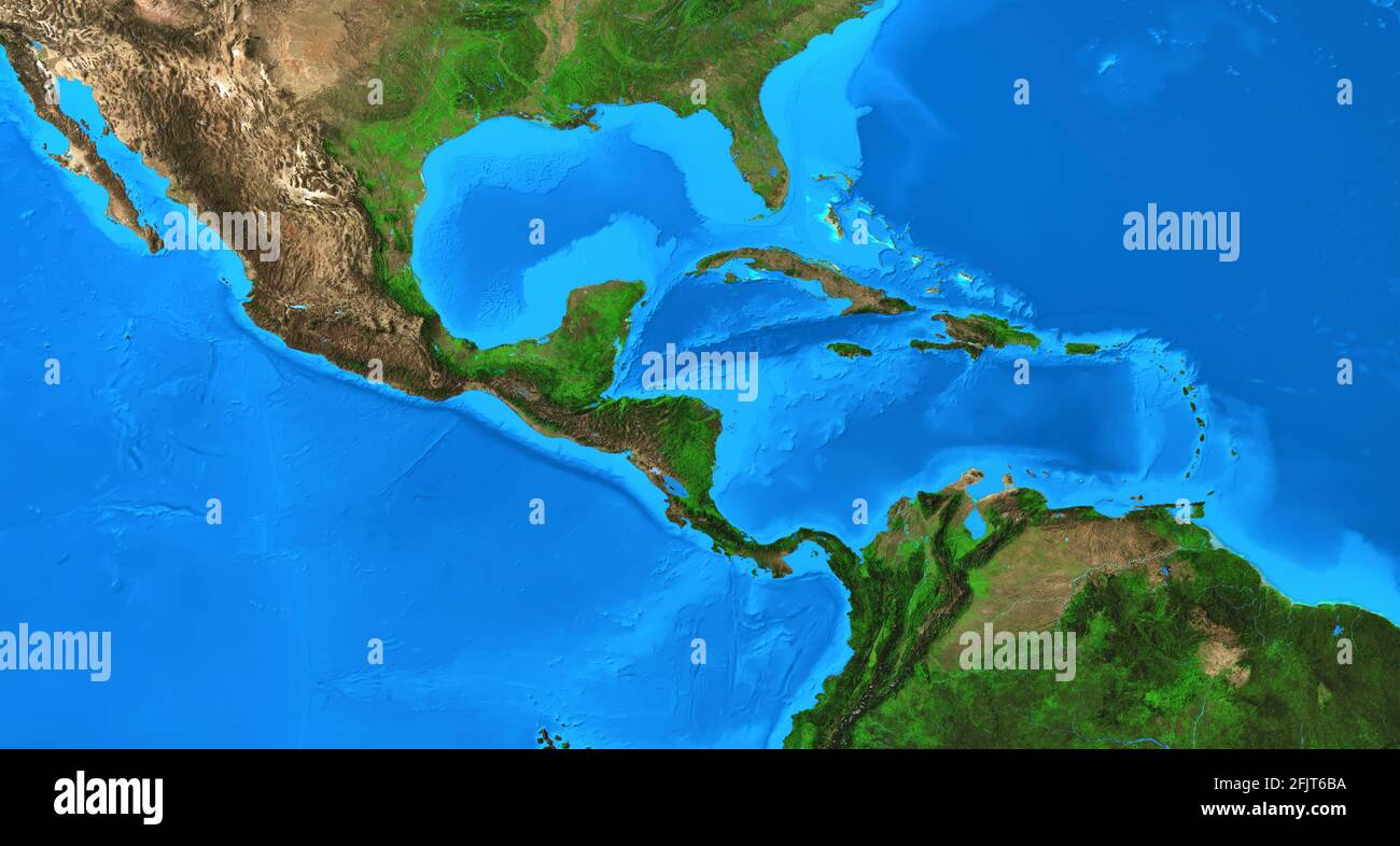 Physical map of Central America and the Caribbean. Detailed flat view of the Planet Earth and its landforms. Elements furnished by NASA Stock Photo