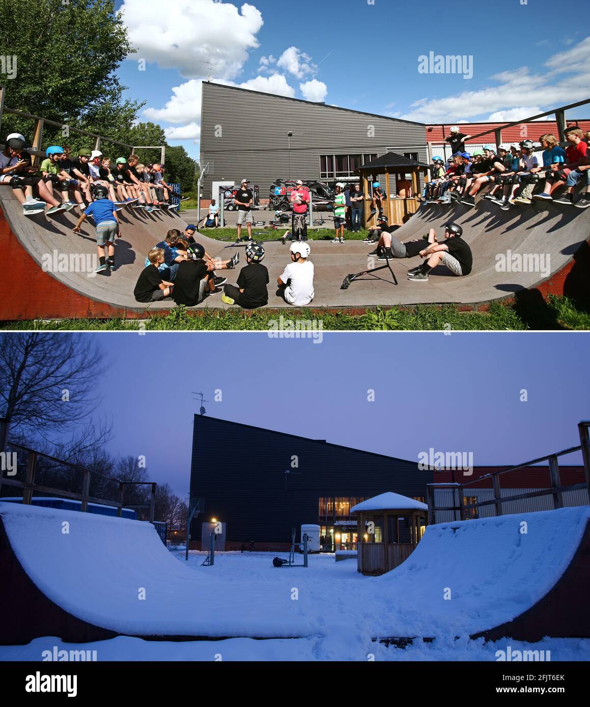 Combo picture in the same place in Linköping at different seasons. World  champion in scooter, Dakota Schuetz, at the Hangar. Same place below  photographed during winter time Stock Photo - Alamy