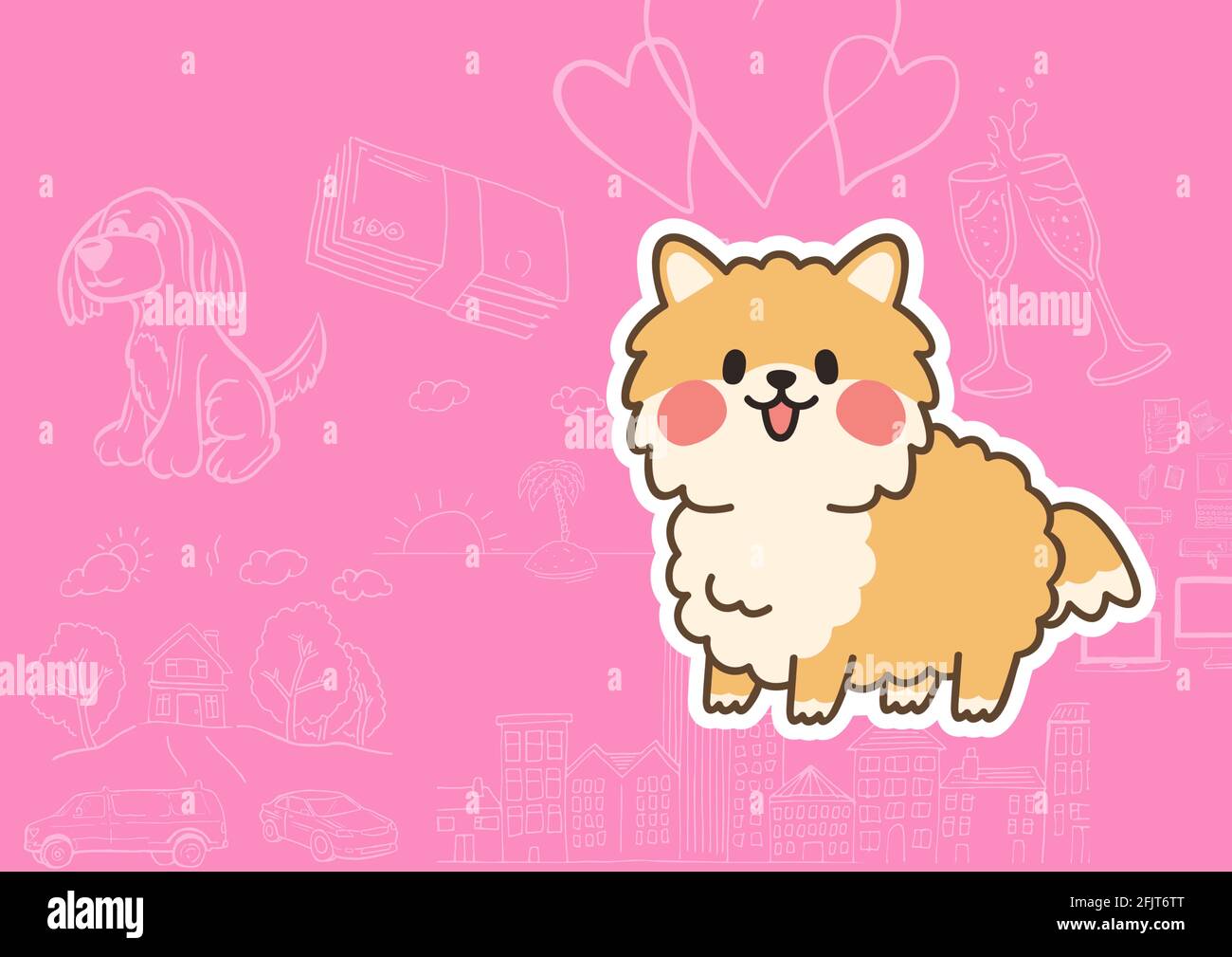 Digitally generated image of cute puppy dog icon against multiple abstract icons on pink background Stock Photo