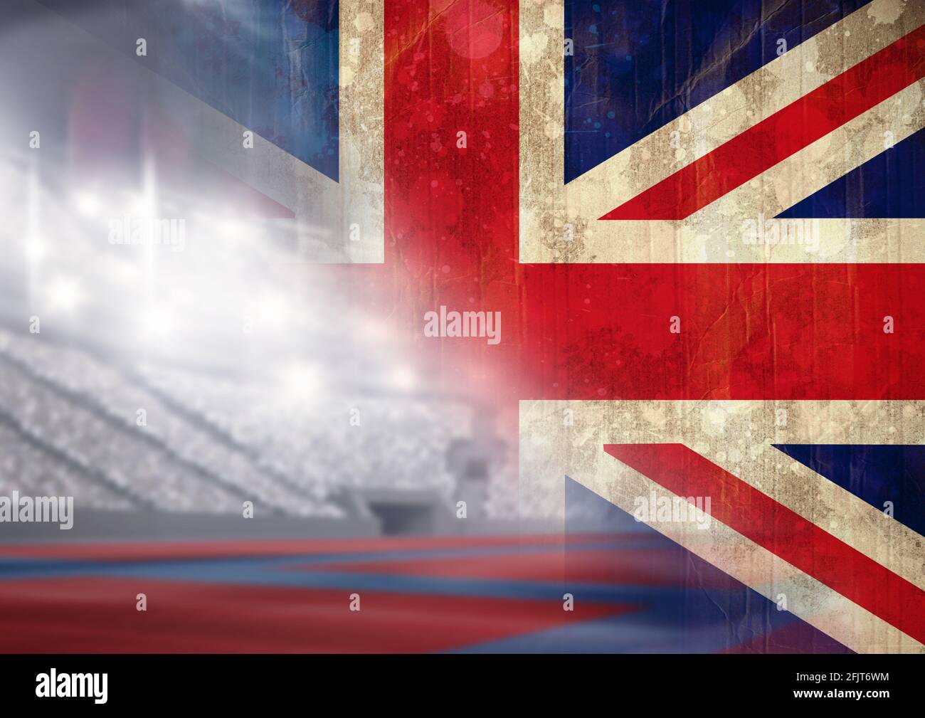 Digital composite image of faded great britain flag against sports stadium Stock Photo