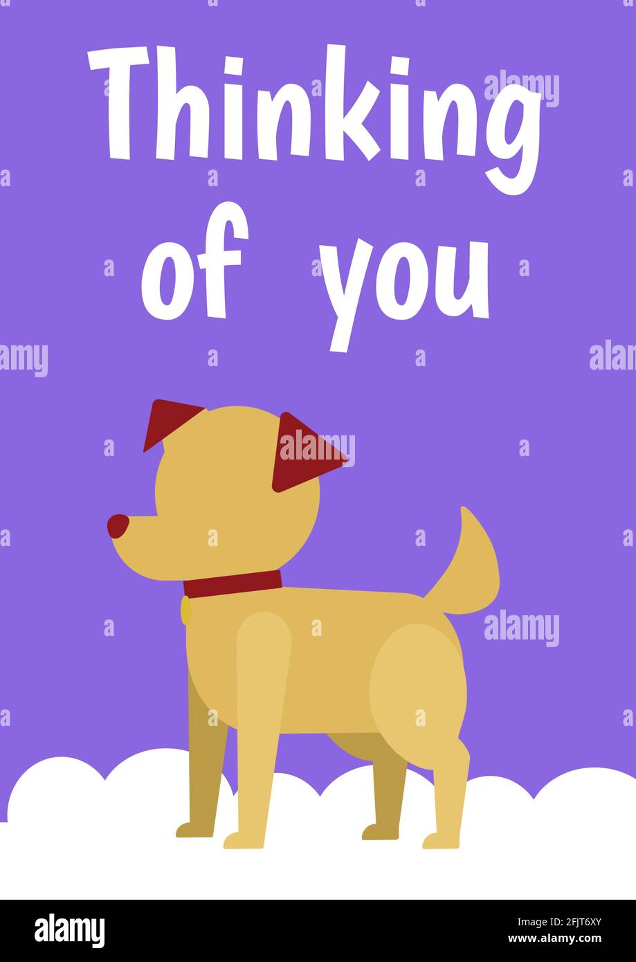 Thinking of you text over puppy dog standing on the cloud icon against blue background Stock Photo