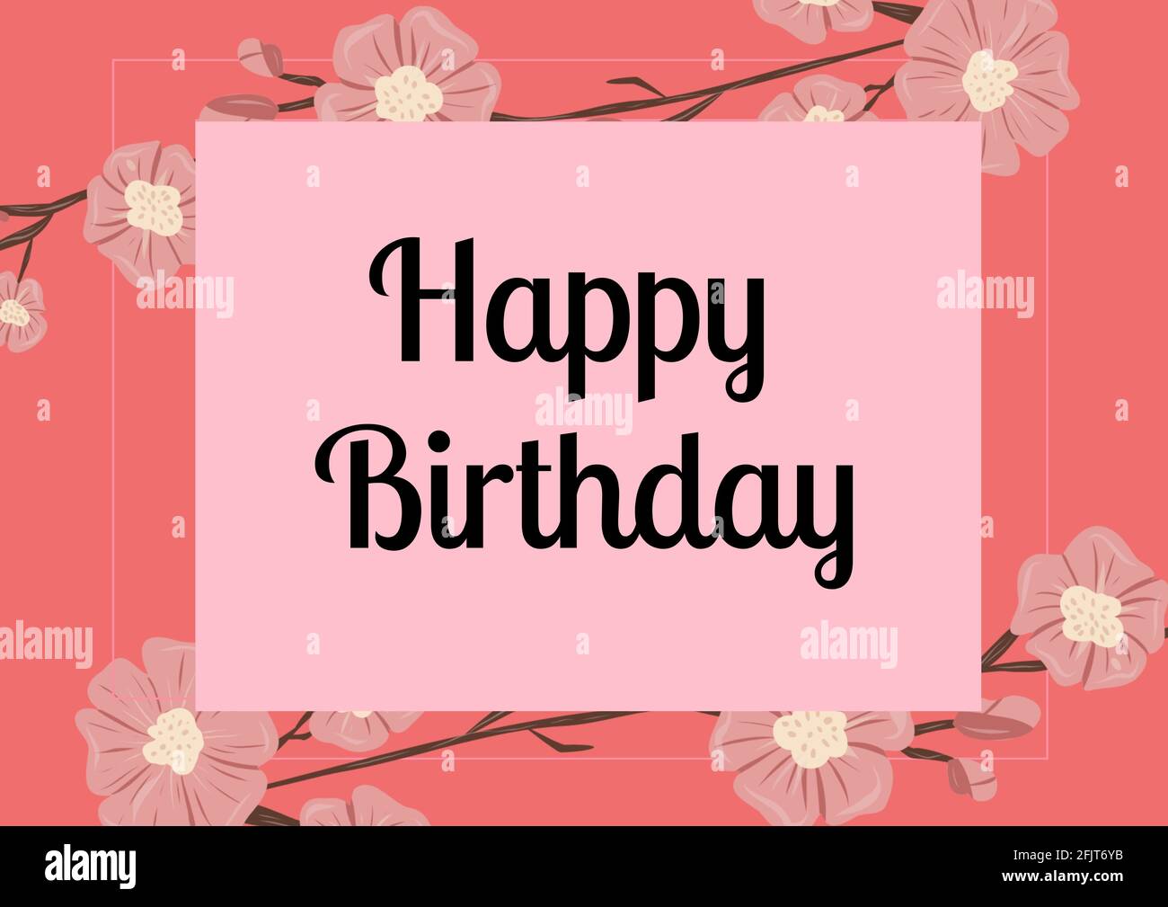 Happy birthday text over pink banner against floral design on orange background Stock Photo