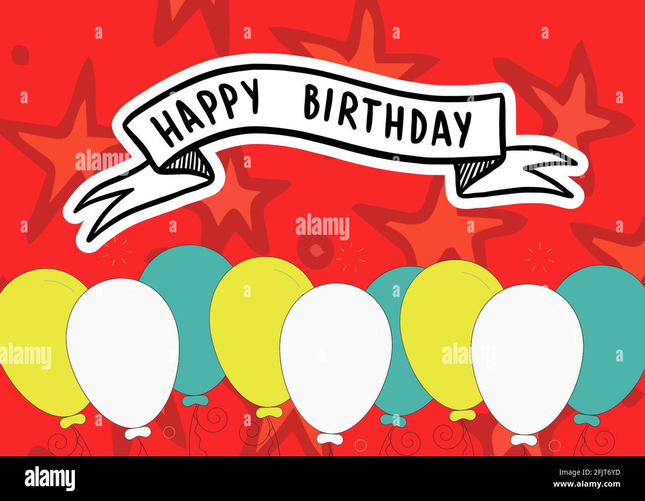 Happy birthday text over ribbon banner against colorful balloons and stars on red background Stock Photo