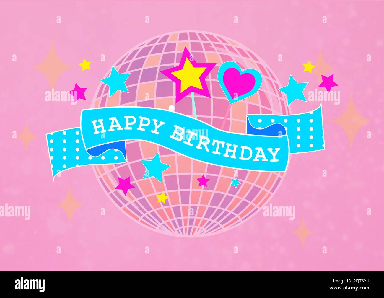 Happy birthday text over ribbon banner against disco ball and stars on pink background Stock Photo