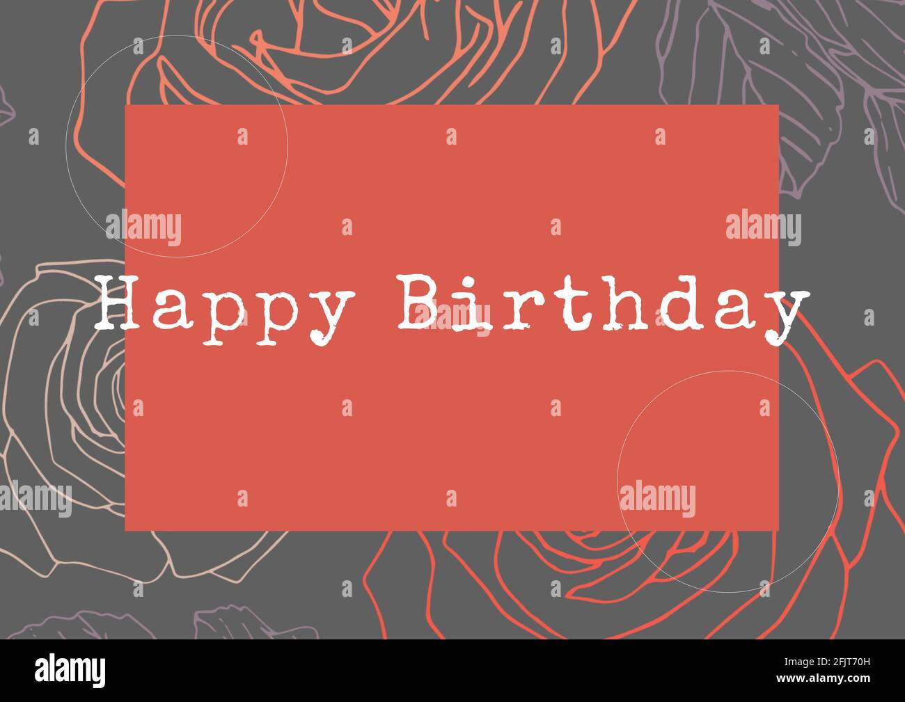 Happy birthday text over red banner against floral design on grey background Stock Photo