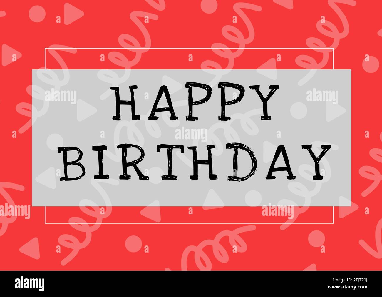 Happy birthday text over grey banner against abstract shapes on red background Stock Photo
