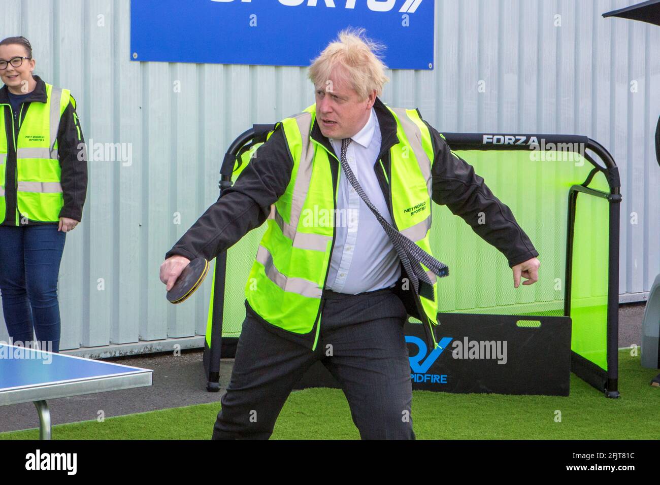 Britain's Prime Minister Boris Johnson plays table tennis during his visit  at Net World Sports in Wrexham, Wales, Britain April 26, 2021. Rob  Formstone/Pool via REUTERS Stock Photo - Alamy