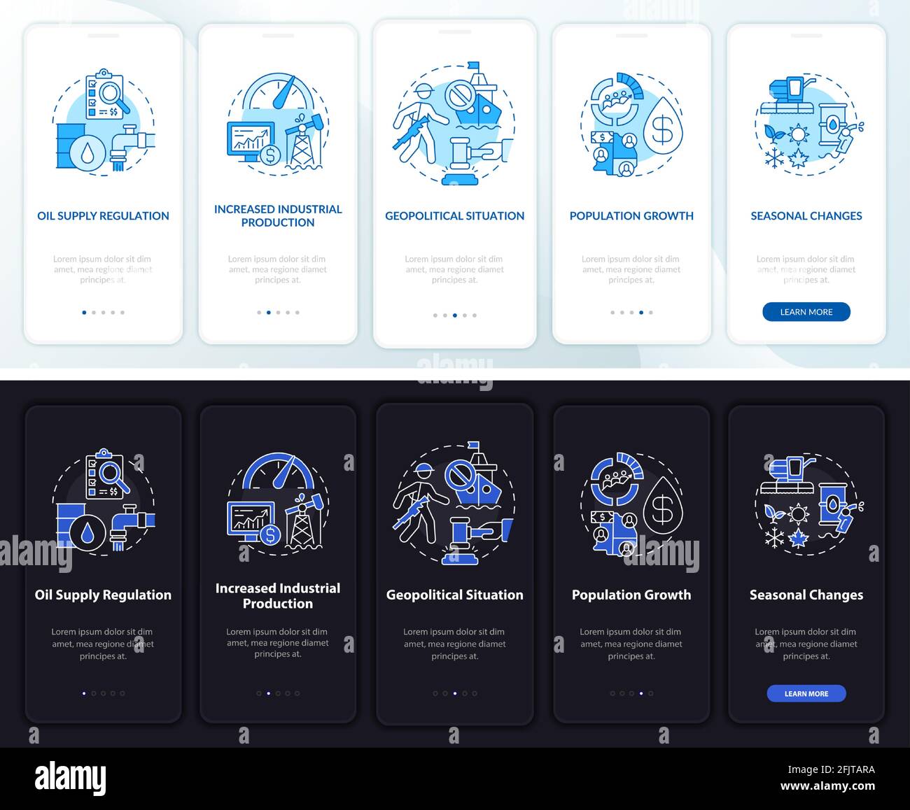 Oil value features onboarding mobile app page screen with concepts Stock Vector