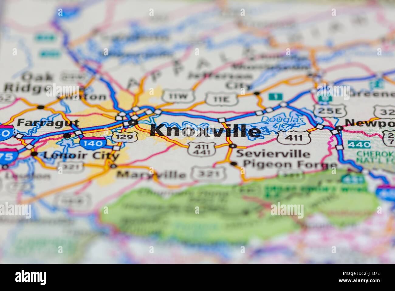 Knoxville Tennessee USA and surrounding areas Shown on a road map or Geography map Stock Photo