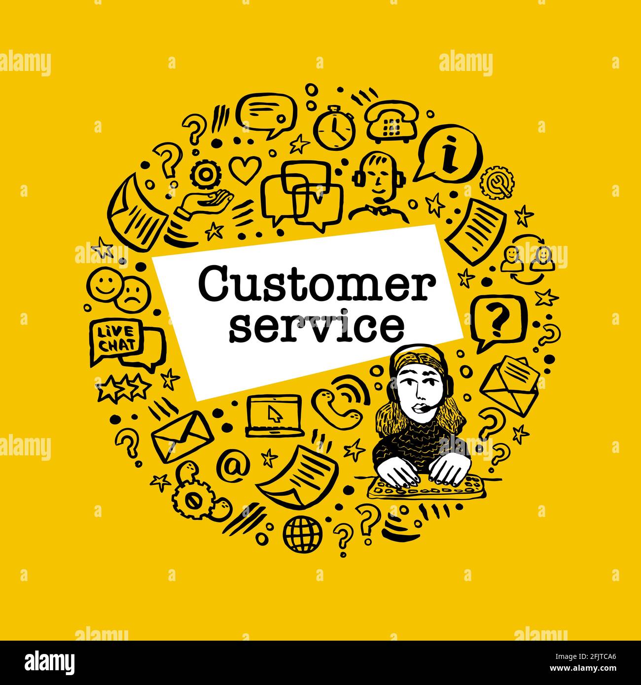 Customer service concept. Online chat. Round shape frame with Help and Support Related Vector hand drawn icons and female character on yellow Stock Vector