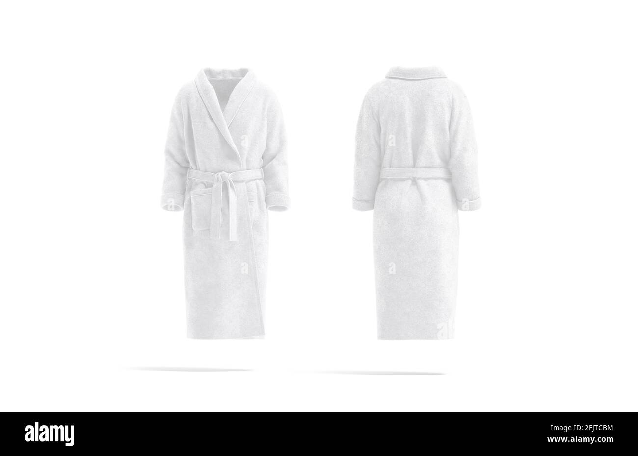 Blank white hotel bathrobe mockup, front and back view, 3d rendering. Empty  plush dressing gown with belt mock up, isolated. Clear wraparound apparel  Stock Photo - Alamy