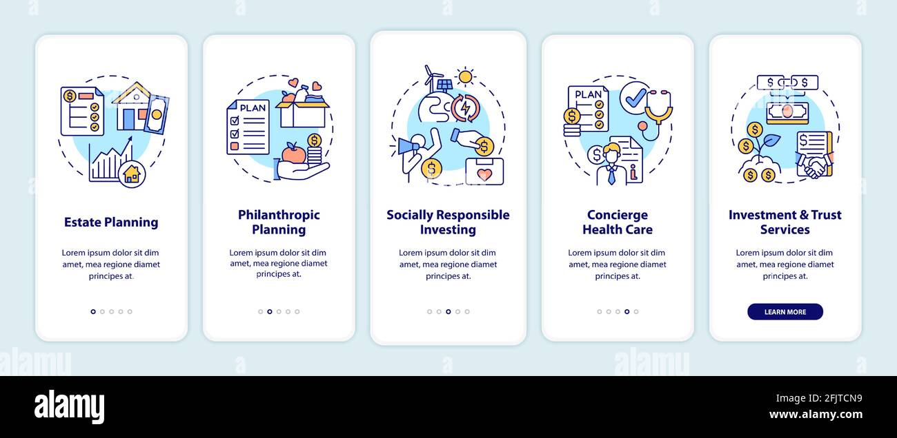 Wealth advisory services onboarding mobile app page screen with concepts Stock Vector