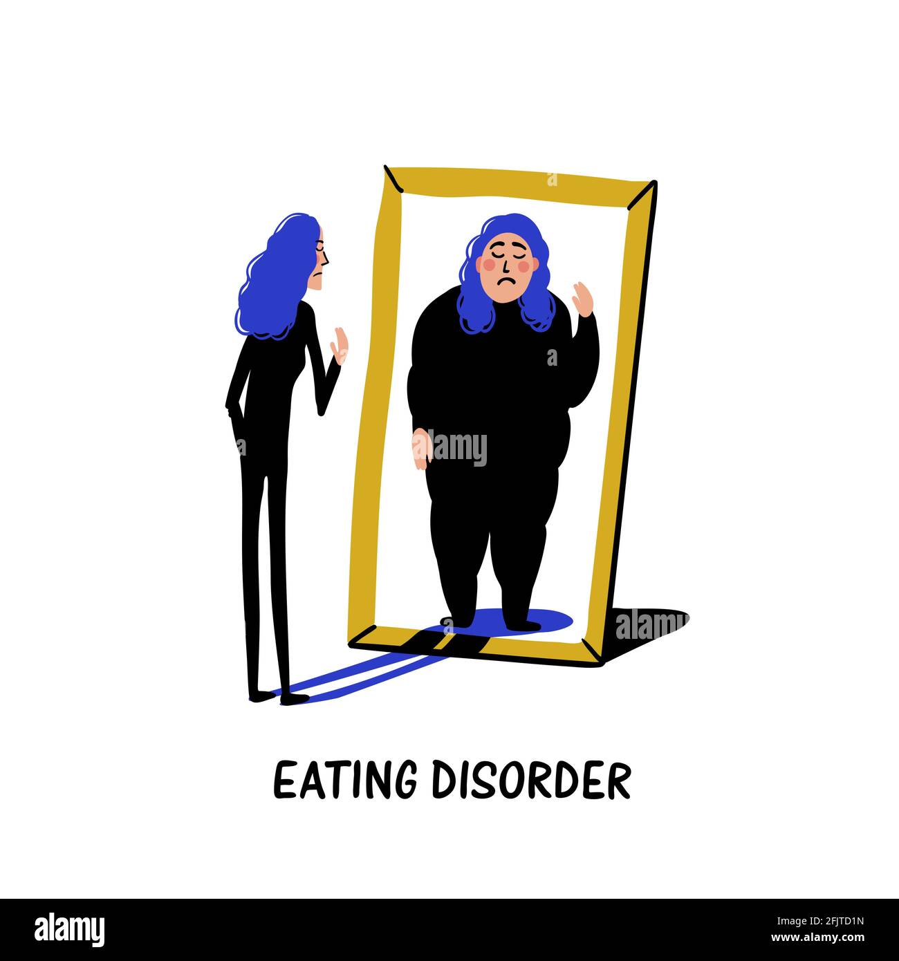 Psychology. Eating disorder, anorexia or bulimia. Slim young woman looking in mirror and seeing herself as overweight. Doodle style flat vector Stock Vector