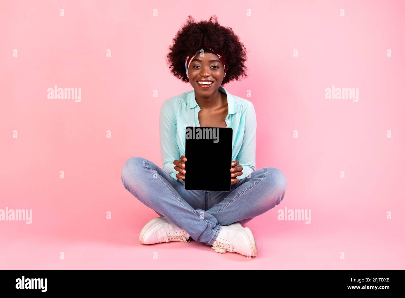 Cheerful African American Lady Showing Digital Tablet Empty Screen ...