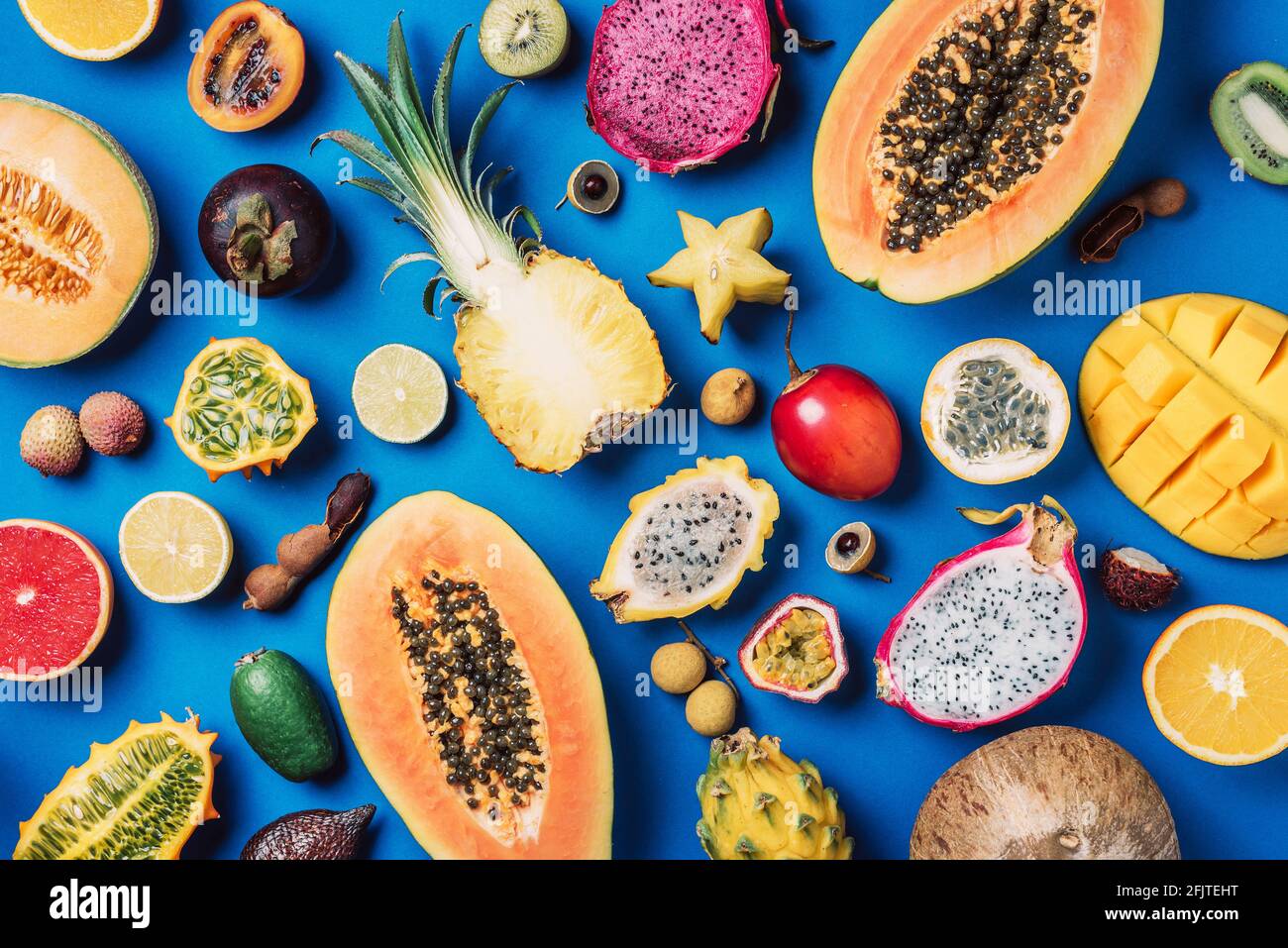 Exotic fruits - pineapple, papaya, mango, annona, banana, pitahaya, kiwano, african horned melon, tamarillo fruit, granadilla, salak, snake fruit Stock Photo