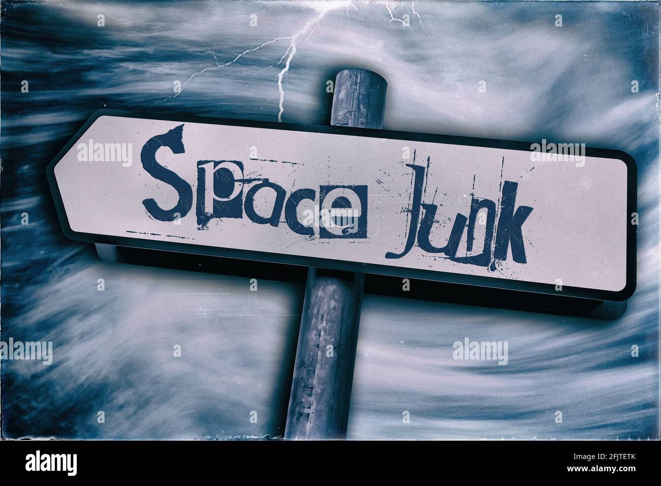 Space Junk, Space debris, Space pollution, Space waste, Space trash, Space garbage, Street sign with post Stock Photo