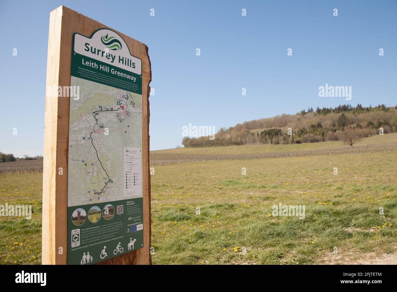 Surrey Hills, Leith Hill Greenway signage on Denbies Wine Estate, Surrey Hills, Surrey, England, UK, Spring April 2021 Stock Photo