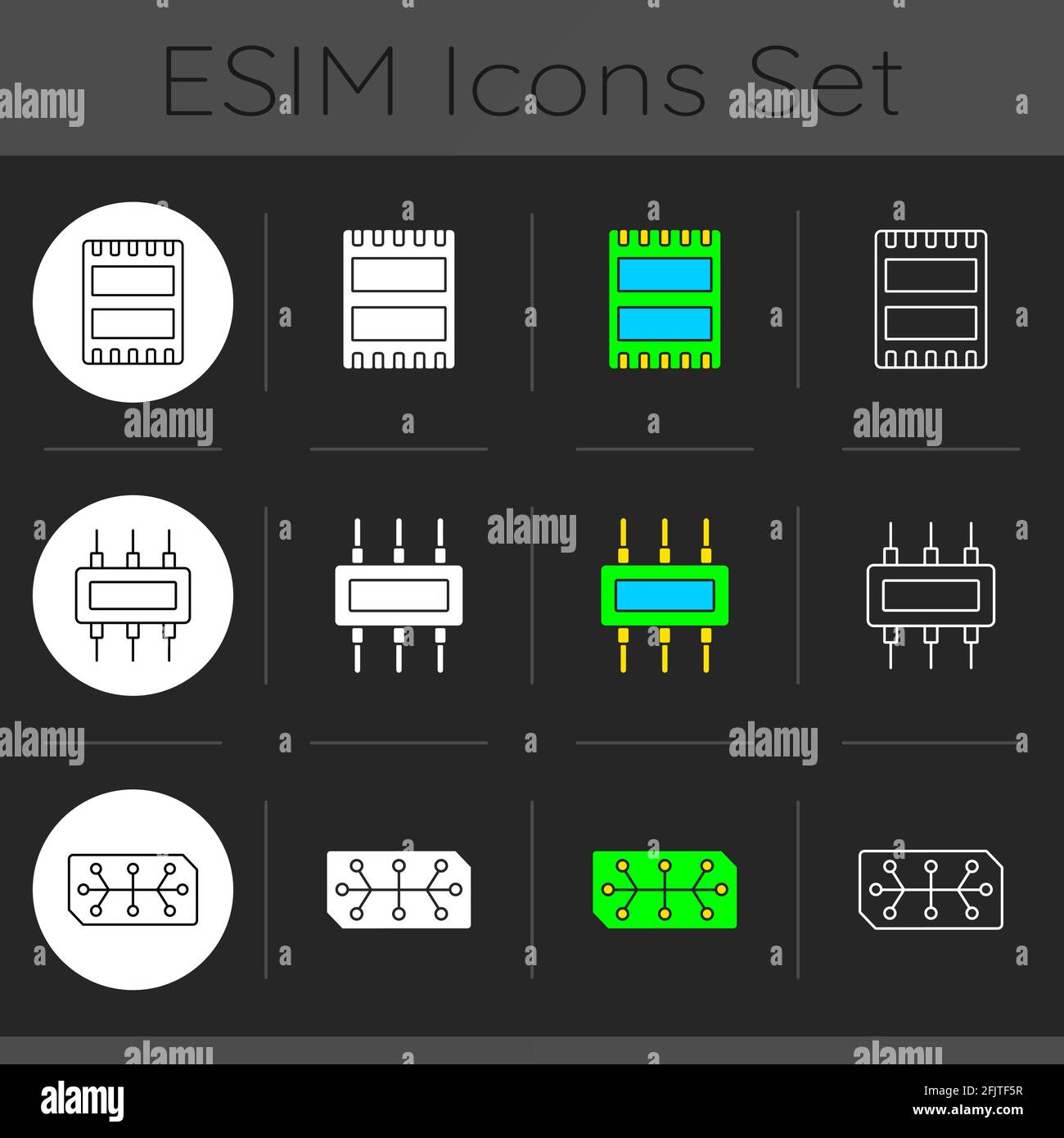 Microcircuits dark theme icons set Stock Vector