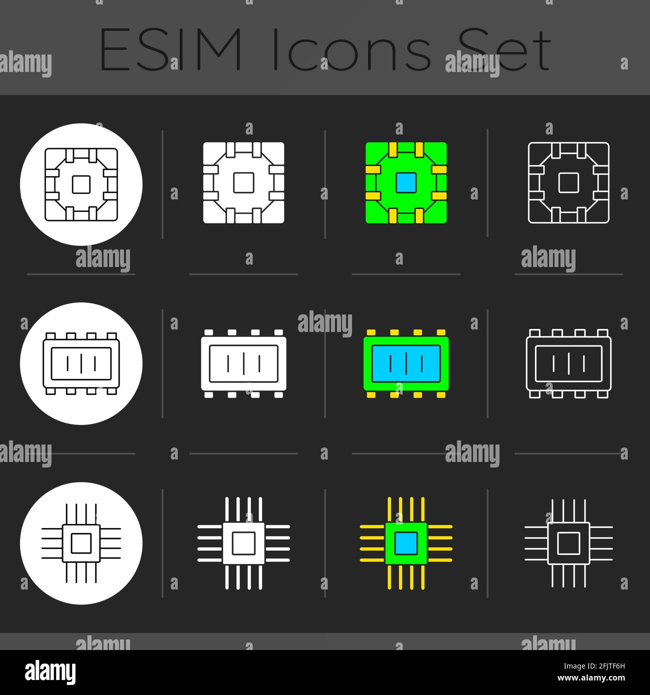 Microcircuits dark theme icons set Stock Vector