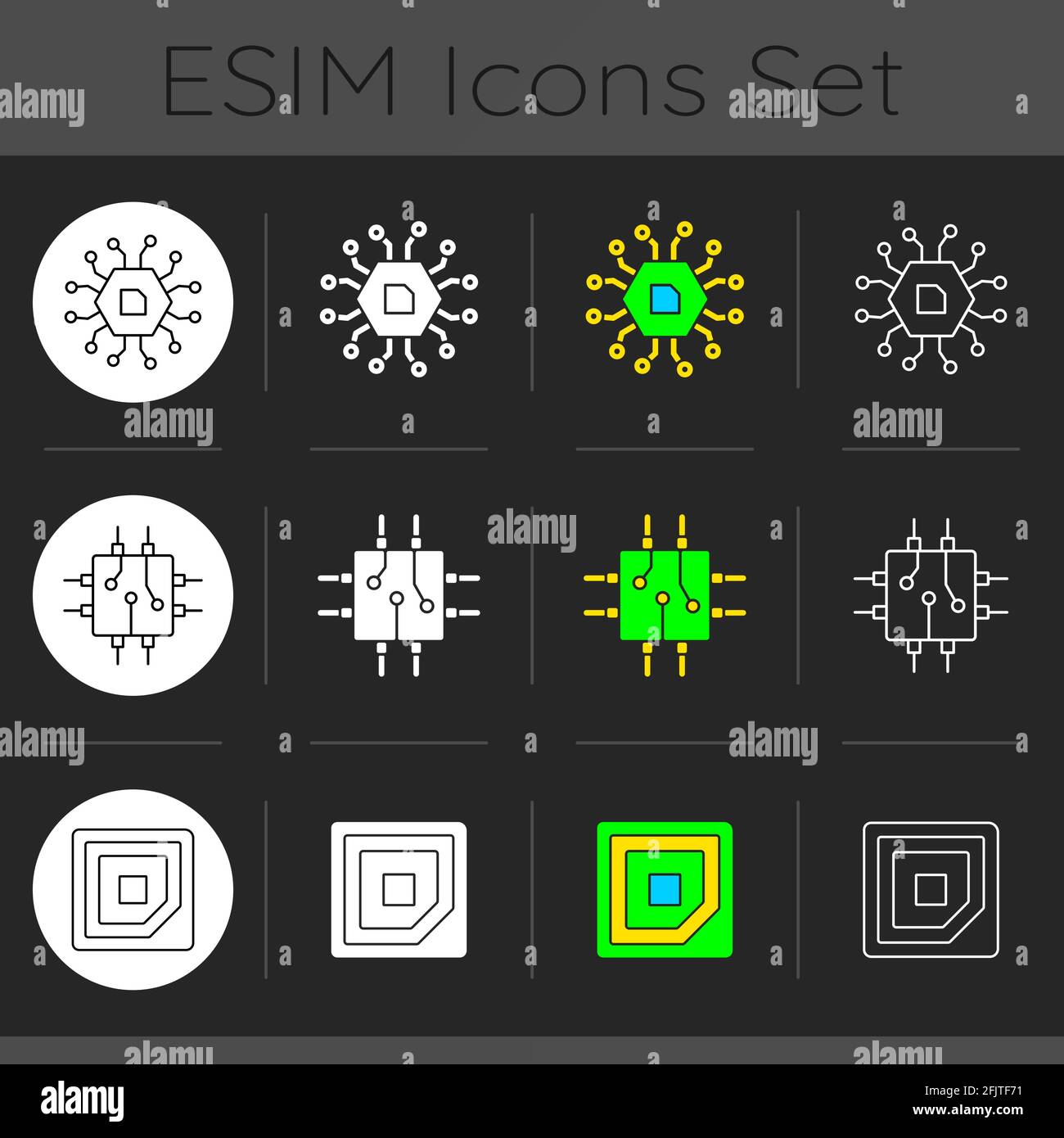 Microcircuits dark theme icons set Stock Vector
