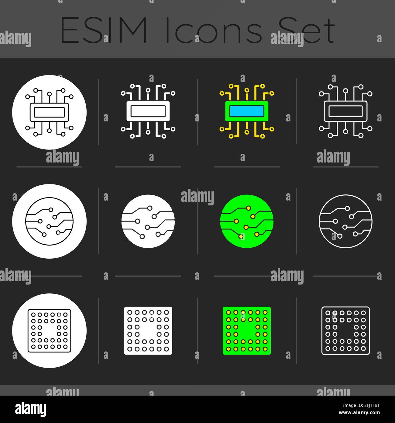 Microcircuits dark theme icons set Stock Vector