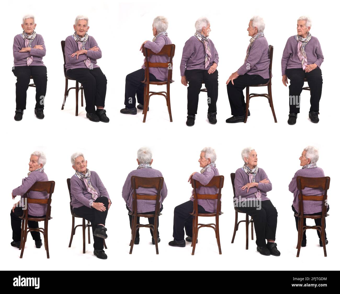 large group of same senior woman sitting on white background Stock Photo