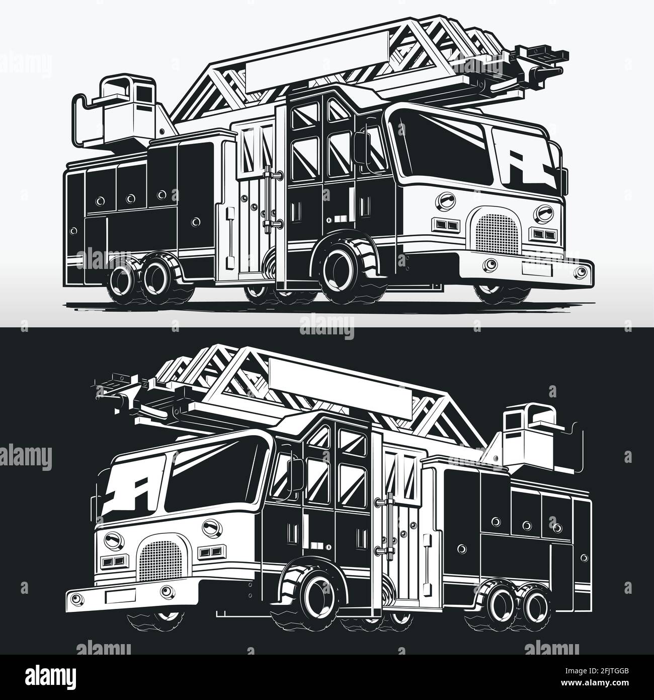 silhouette-firefighter-truck-fire-engine-stencil-vector-drawing-stock