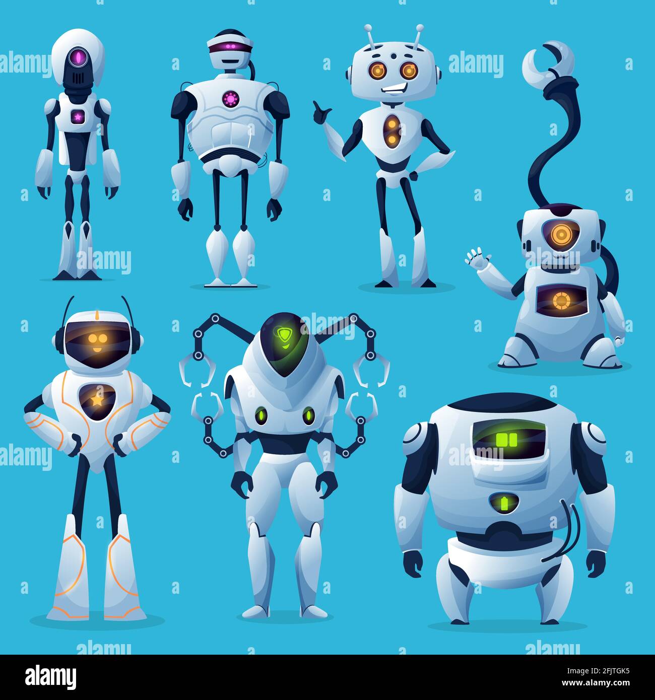 Cute robots and bots, vector artificial intelligence and ai cartoon  characters. White modern robot helpers, androids, cyborgs and droids with  manipula Stock Vector Image & Art - Alamy