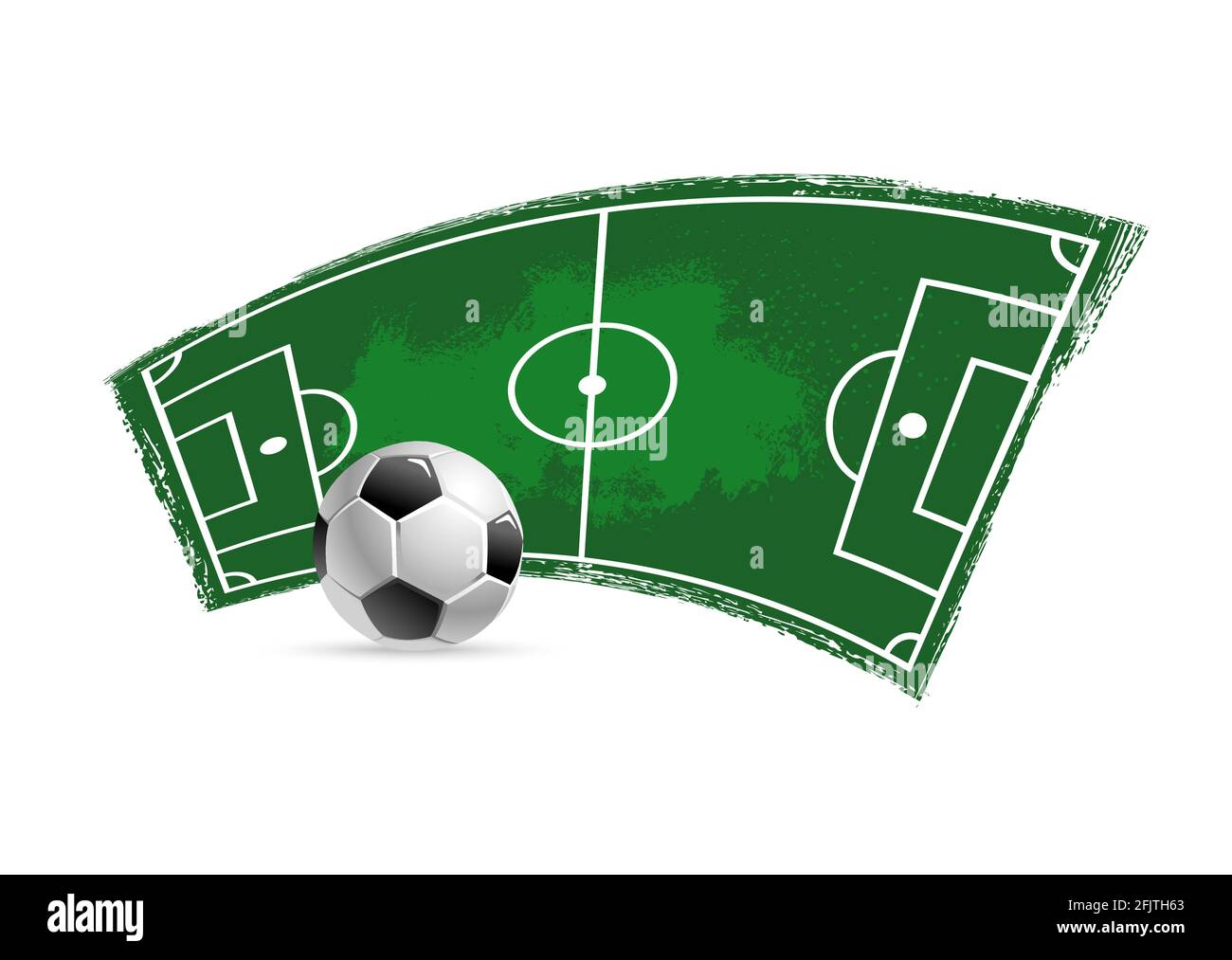 Soccer football grungy vector icon. Soccer ball, playing field or pitch with green paint